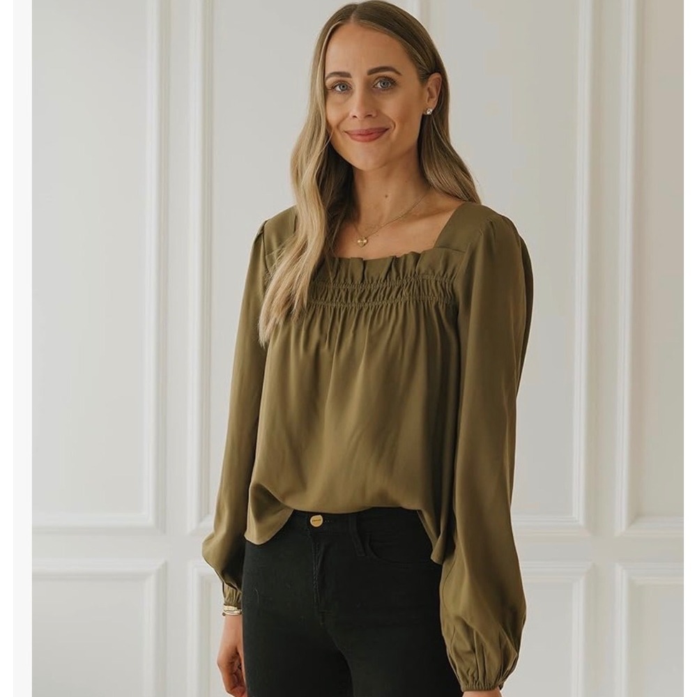 New The Drop Women S Olive Green Smocked Square Neck Balloon Sleeve Top Boho
